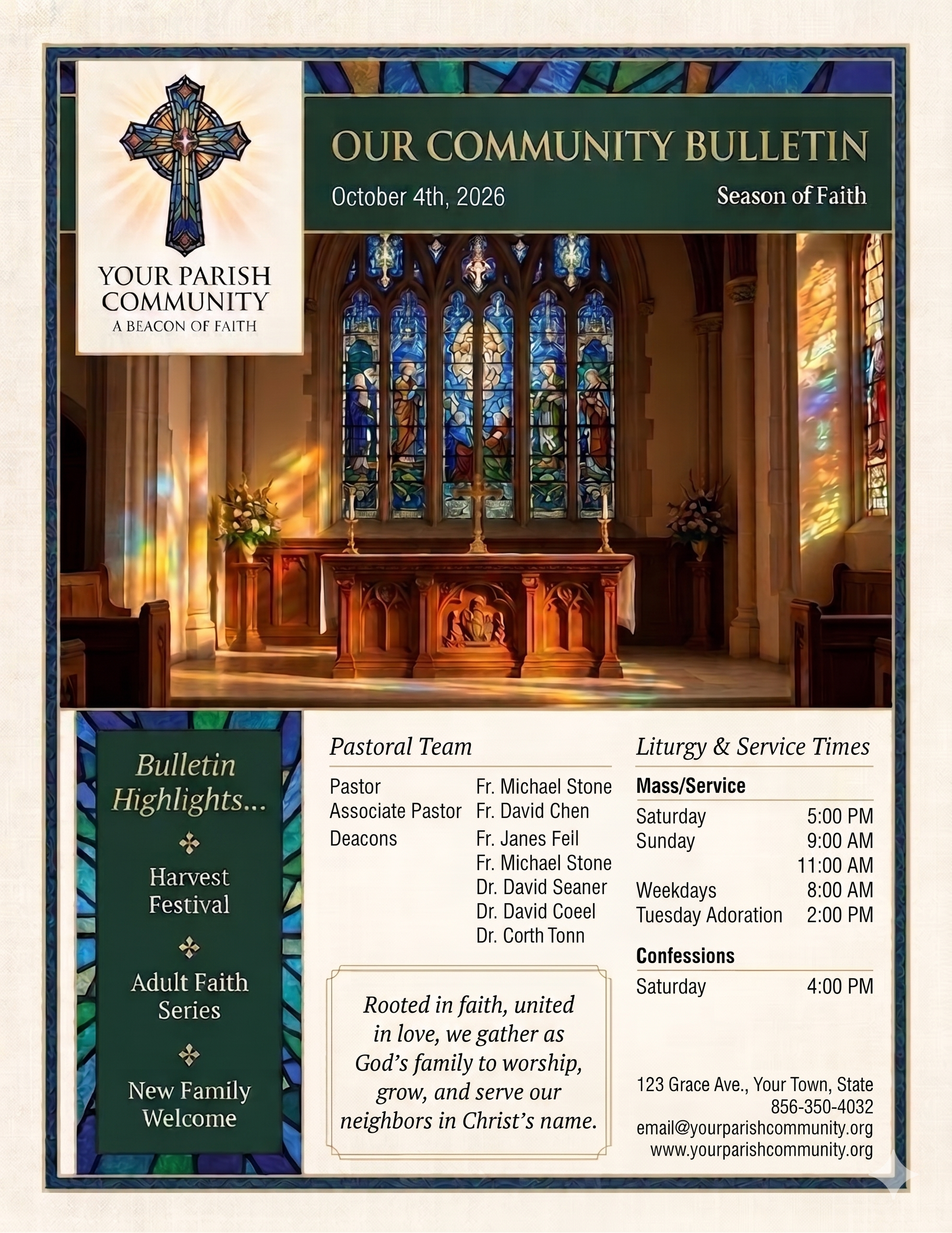 Sample parish bulletin cover showing professional typography, stained glass photography, and liturgical design